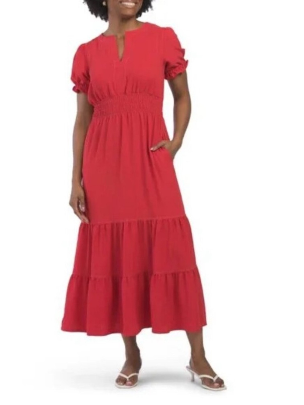 MAX STUDIO Women’s Red Tiered Maxi Dress with Smocked Waist SZ L Large $168